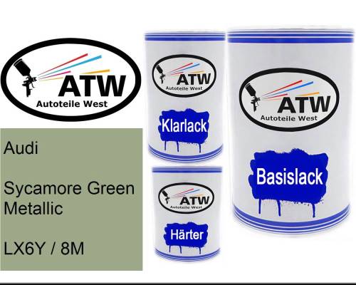 Audi, Sycamore Green Metallic, LX6Y / 8M: 500ml Lackdose + 500ml Klarlack + 250ml Härter - Set, von ATW Autoteile West.